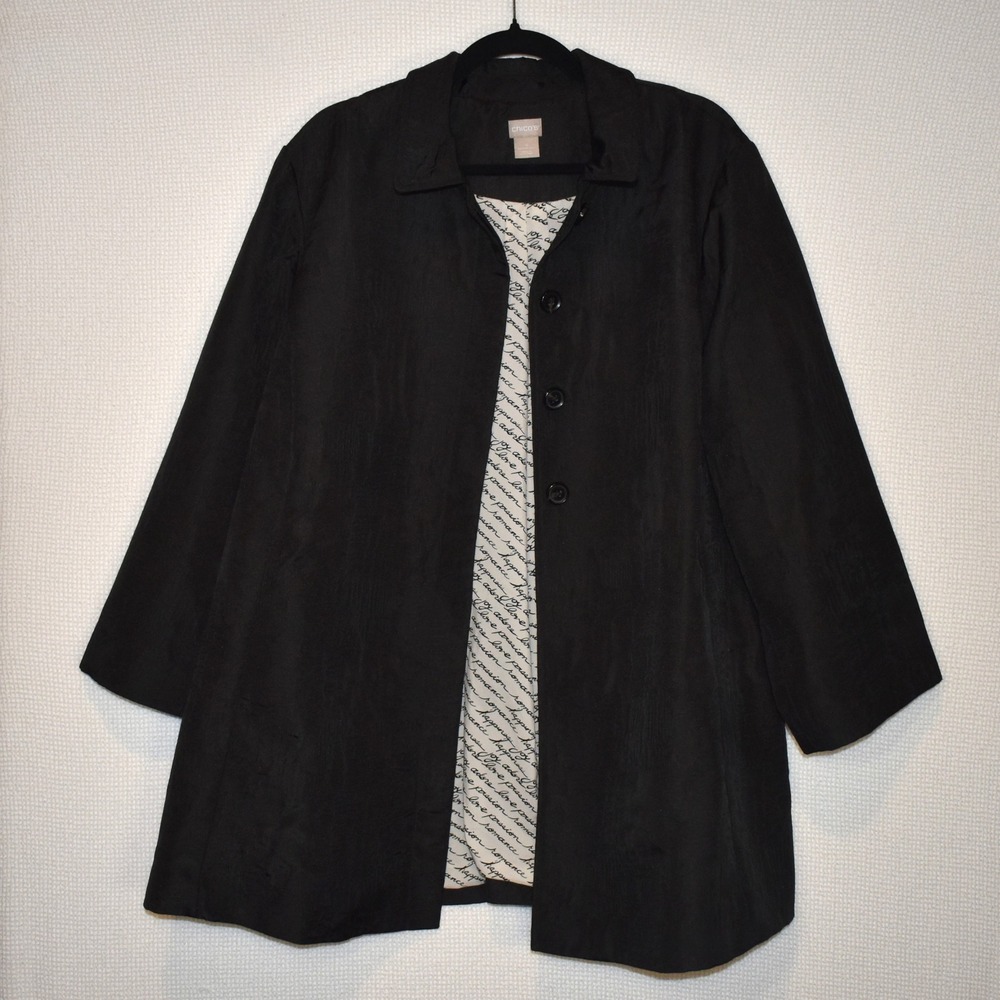 Chicos Black Textured Button Front Jacket Script Lining Size 4 US 20/22